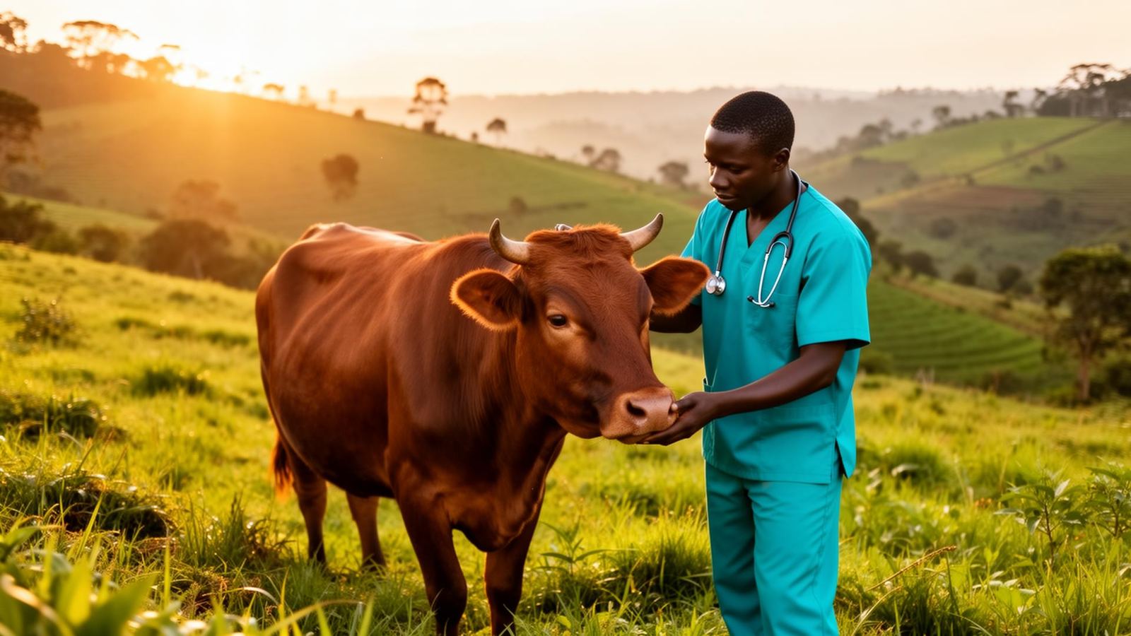 A veterinarian examining a farmer's cow at sunrise